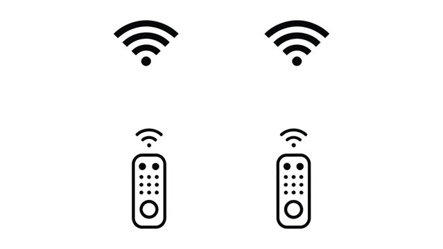 Wireless connectivity icon set &mdash; four black and white variations featuring Wi-Fi signal symbols and remote control devices with curved lines, representing technology, communication, and smart control 