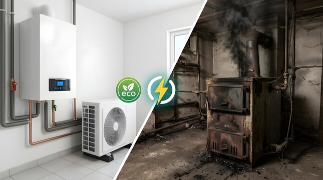 Split screen comparison of a modern clean energy efficient heat pump and boiler system versus an old dirty coal furnace, concept of upgrading home heating to sustainable eco friendly technology