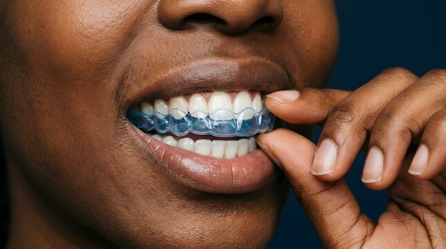 Close up of a smiling woman inserting a clear dental aligner tray onto her teeth with her fingers, showing invisible orthodontic teeth straightening and modern cosmetic dentistry