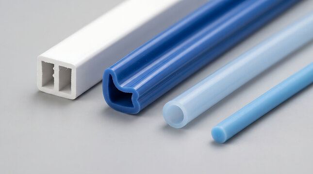Group of industrial plastic profiles featuring rectangular channels and solid rods in blue and white tones showcasing extrusion precision on neutral studio background.