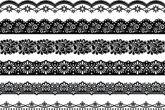 Set of decorative black lace ribbons and floral border trims for elegant fabric design projects isolated on transparent background, Vector