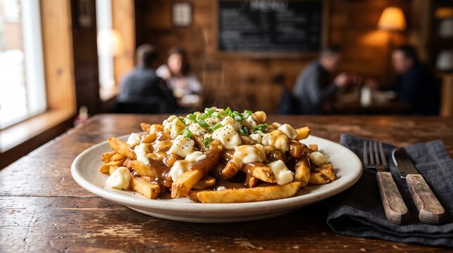 A close-up shot of a delicious plate of poutine with golden fries, melted cheese curds, rich gravy, and fresh chives on a rustic wooden table in a cozy restaurant.
