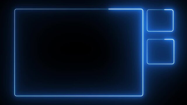Glowing blue neon rectangular frames on a dark black background for digital interface design