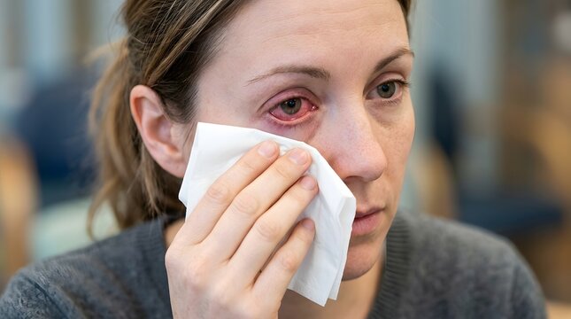 Young woman with a red irritated watering eye wiping it with a white tissue, showing symptoms of conjunctivitis, eye allergy or infection during cold and flu season indoors