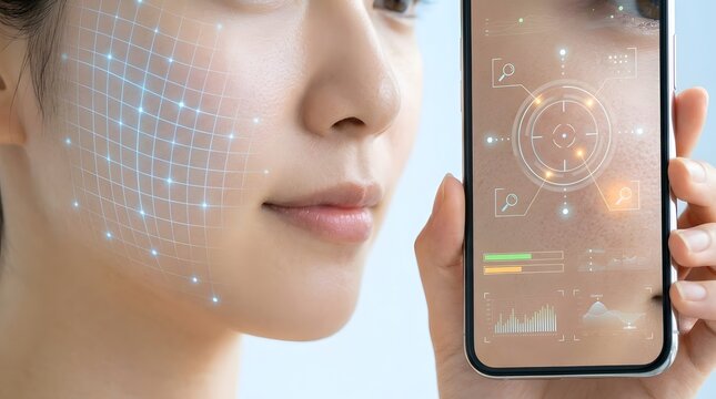 Young woman with a digital facial scanning grid on her skin holding a smartphone running an AI skin analysis app, showing beauty technology and personalised skincare diagnostics