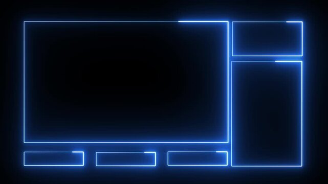 Blue neon light frames with rectangular glowing borders on a dark black background