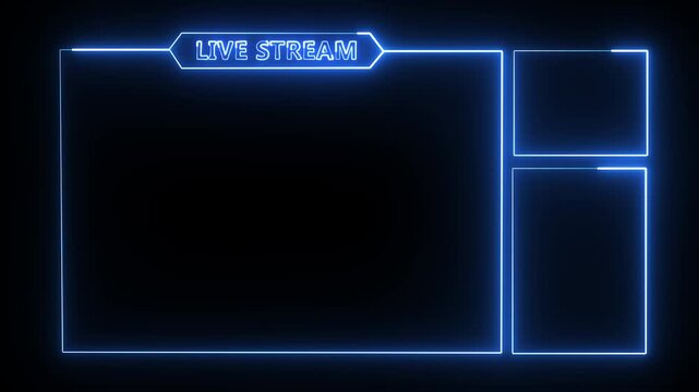 Neon blue live stream overlay frame for gaming broadcast on dark background