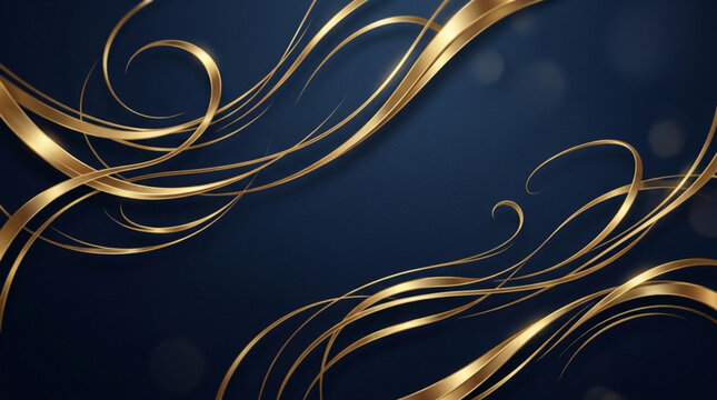 Deep navy blue background with elegant metallic gold ribbons, flowing abstract curves, premium luxury design, sophisticated business style, no watermark.

