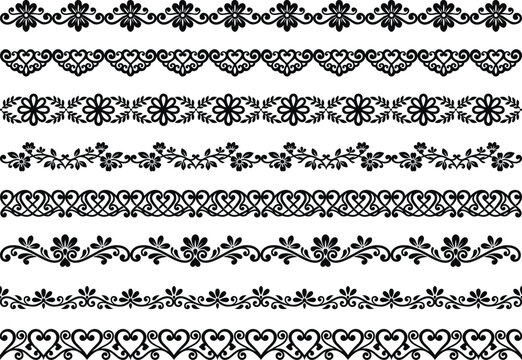 Set of eight decorative black lace borders with floral and heart patterns for elegant design isolated on transparent background, Vector