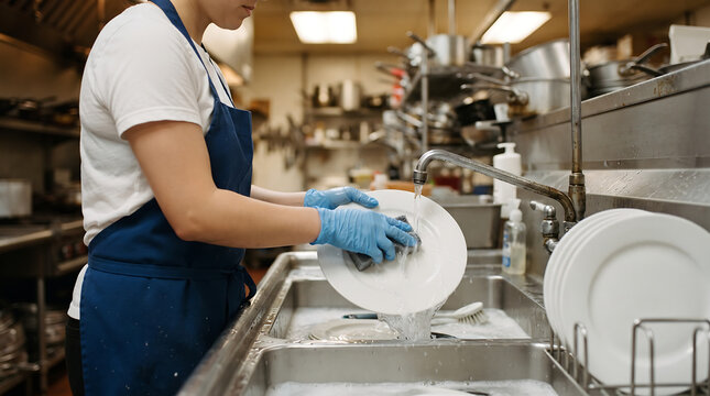 Restaurant worker in blue apron and gloves washing dishes in professional commercial kitchen sink for hygiene standards and food service industry sanitation operations.