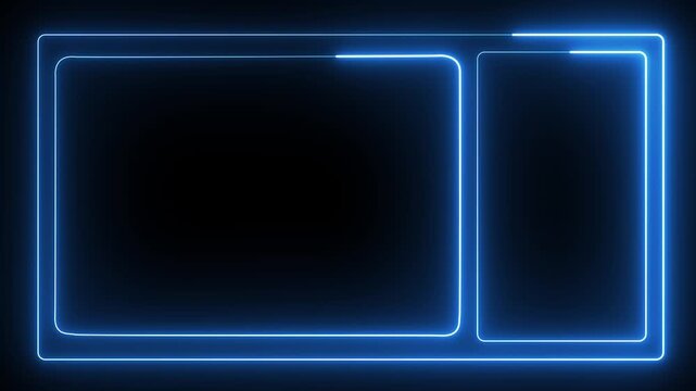 Bright blue neon glowing rectangular frame with a divider line on a dark black background