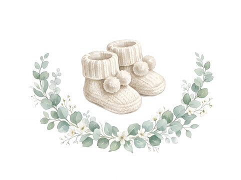 Cute Baby Knit Booties With Pom Poms Isolated transparent background