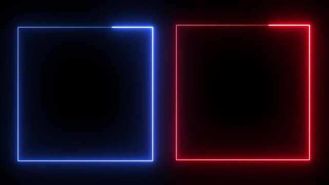 Glowing blue and red neon square frames on a dark black background