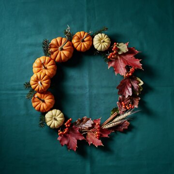 Festive autumn wreath made of small pumpkins and colorful fall leaves on a dark green background