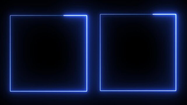 Two glowing blue neon square frames on a dark black background