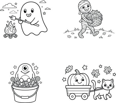 Cute halloween characters coloring page set with ghost mummy monster and cat with pumpkin isolated on transparent background, Vector