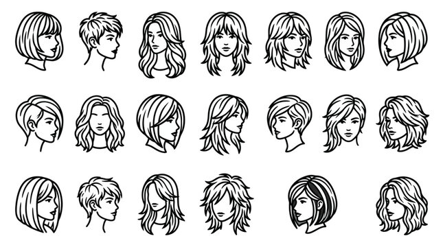 Dynamic Collection of Black and White Line Art Female Hairstyles in Profile and Front Views for Design Use