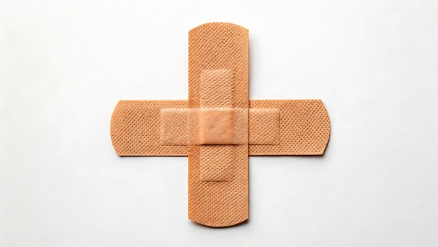 Adhesive bandage cross shape on white background with first aid skin tone health care aid kit