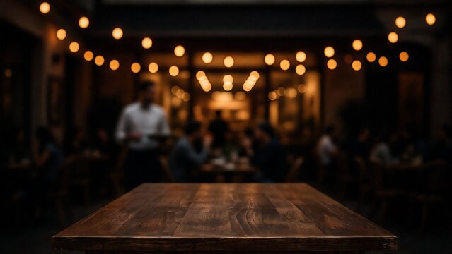 Empty wooden table in a dimly lit restaurant with glowing string lights and blurred background