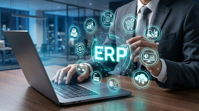 Futuristic ERP management dashboard supporting business automation cloud technology financial analytics and enterprise operational performance improvement strategies