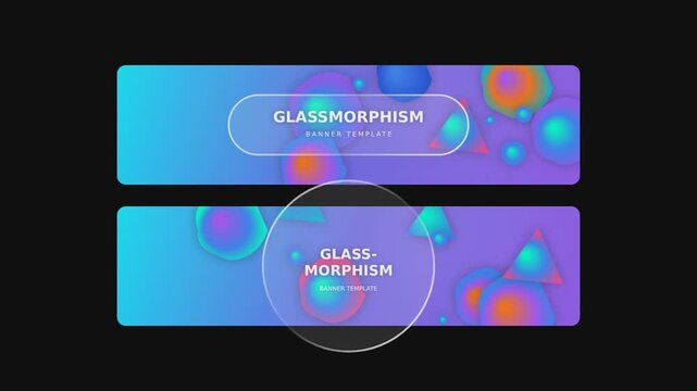 Glassmorphism website banners, frosted glass UI elements with colorful gradients, modern abstract web headers for digital design
