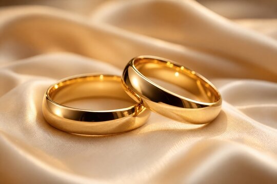 Par de alian&ccedil;as de ouro sobre tecido de seda bege. Conceito de casamento, noivado e romance