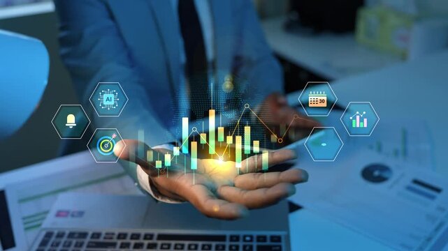 Holographic glowing data charts and digital icons business person holding above the hand in a modern office, Business finance growth analytics planning and technology innovation