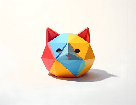 Low-Poly Geometric Cat Head Sculpture with Vibrant Primary Colors on White