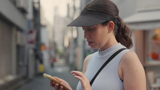 Caucasian woman tourist with a sun visor checking directions on her phone, feeling lost and frustrated while navigating the narrow streets and alleyways of a vibrant the asian city of Tokyo, Japan