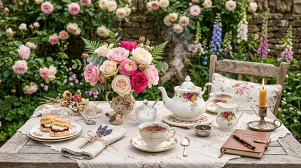 Fototapeta premium Elegant Garden Tea Party with Roses, Scones, and Floral China