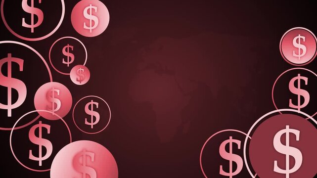 Abstract dark background with dollar signs in circles showing money finance and wealth concept animation