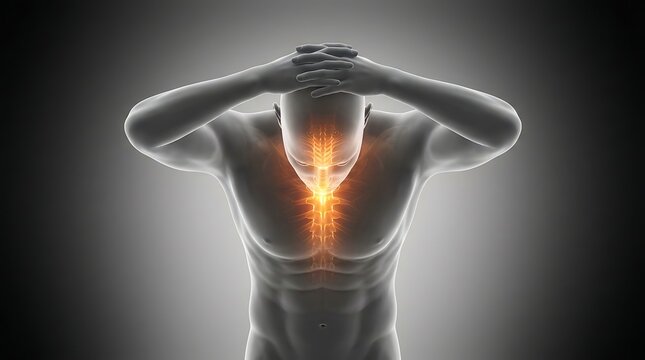 Person holding head due to back pain glowing spine area