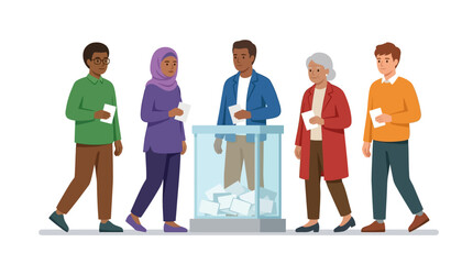 Fototapeta premium Diverse multicultural community members participating in democratic election voting process flat vector illustration.