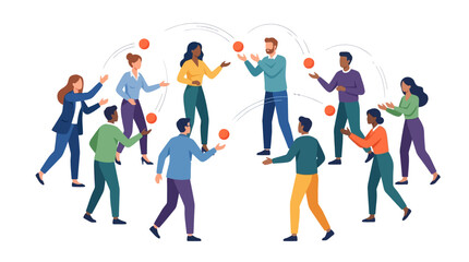 Obraz premium Diverse multicultural professionals tossing orange balls for effective team collaboration flat vector illustration