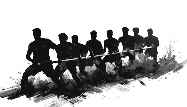 Tug-of-war team pulls a rope with maximum effort to demonstrate strength in a competitive challenge.