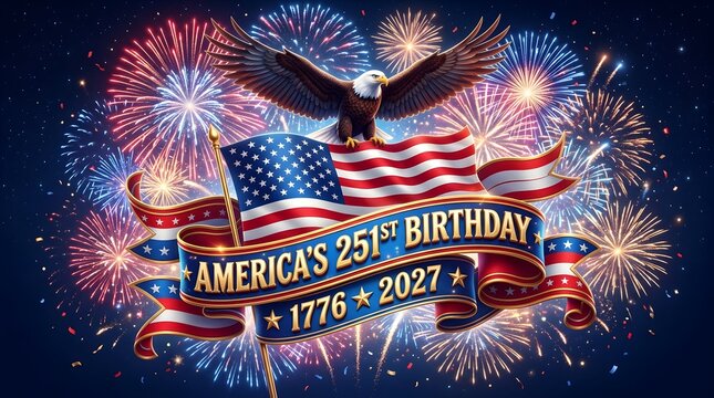 America's 251st Birthday Celebration with American Flag, Bald Eagle, Ribbon Banner, and Fireworks Background (1776 - 2027)