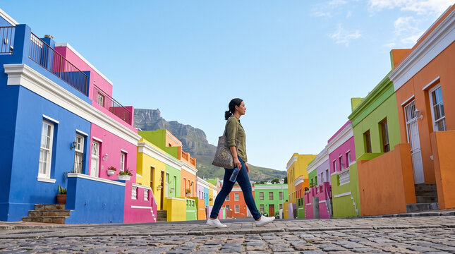 Woman Walking Through Colorful Colonial Street