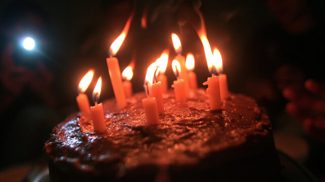 Birthday Cake with Lit Candles Against Dark Background