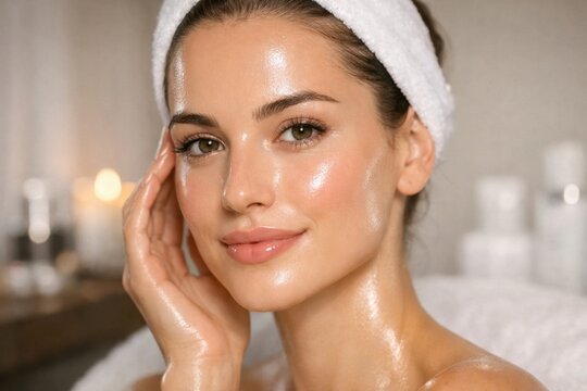 Radiant woman with glowing hydrated skin after beauty treatment in luxury spa environment