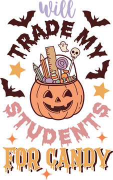 Funny halloween teacher design featuring a pumpkin bucket filled with school supplies and candy for classroom holiday apparel