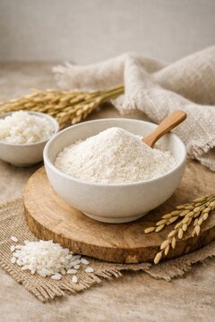 Rice powder ingredient in ceramic bowl with grains and harvest stalks on rustic natural background