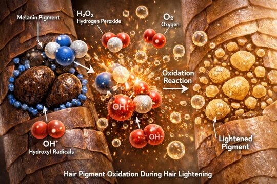 Hair pigment oxidation process during lightening treatment showing melanin breakdown and color transformation
