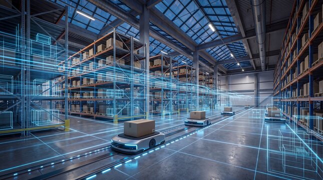 Modern automated warehouse with robotic logistics and high-tech inventory management system. Blue LED lighting and steel shelving units.