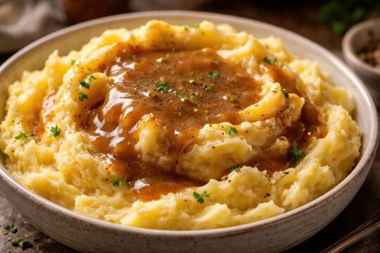 Creamy mashed potatoes with rich gravy served in rustic bowl as classic Thanksgiving comfort food