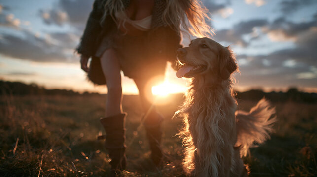 Woman with Dog Watching Sunset in Field