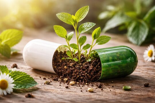 Medicinal herb growing from an open capsule symbolizing natural health wellness and herbal remedies