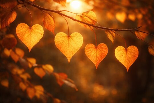Heart shaped autumn leaves glowing in warm sunset light creating romantic seasonal nature background