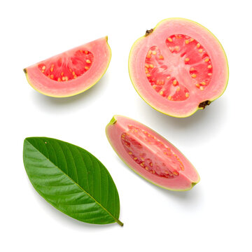 Guava fruit with slices and green leaf on white background
