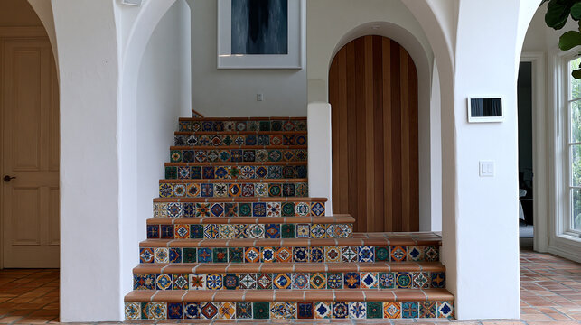 Spanish Colonial Tile Staircase in Mediterranean Home