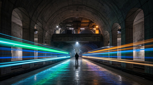 Solitary Figure in Futuristic Subway Station with Light Trails